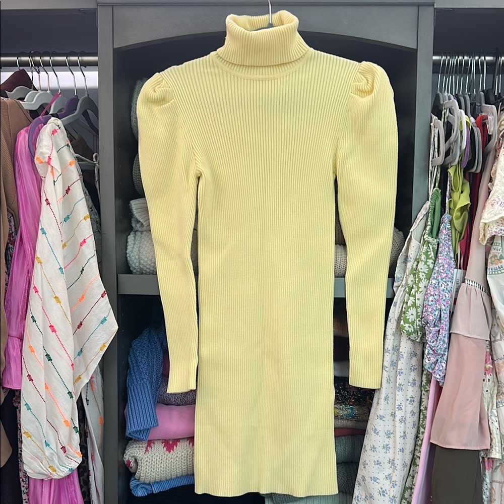 Yellow Ribbed Turtleneck Dress